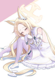 Rule 34 | 1girl, absurdres, animal ear fluff, animal ears, blonde hair, blue archive, blush, bow, closed mouth, detached sleeves, dress, flower, forehead, fox ears, fox girl, fox tail, hair flower, hair ornament, halo, highres, long hair, looking at viewer, no shoes, pantyhose, seia (blue archive), sidelocks, sitting, sleeves past fingers, sleeves past wrists, smile, solo, striped clothes, striped pantyhose, tail, tail bow, tail ornament, tangerine (wbdbsqkfgyul), vertical-striped clothes, vertical-striped pantyhose, white bow, white dress, white flower, white pantyhose, yellow halo