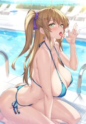 Rule 34 | 1girl, ass, bikini, blue bikini, blush, breasts, brown hair, earrings, fellatio gesture, green eyes, hair ornament, hairclip, highres, jewelry, large breasts, long hair, looking at viewer, mole, mole under eye, original, outdoors, pool, poolside, shirokuma a, side-tie bikini bottom, solo, sweat, swimsuit, tongue, tongue out