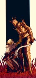 1boy 1girl anastacia_of_astora armor black_background blonde_hair border cape chinese_commentary closed_mouth commentary commentary_request dark_souls_(series) dark_souls_i dress english_commentary full_armor full_body gold_armor grass grey_border grey_cape grey_dress hair_bun highres holding holding_sword holding_weapon kneeling knight_lautrec_of_carim looking_at_another medium_hair mixed-language_commentary own_hands_together standing sword tworain_w weapon