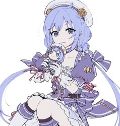 1girl :3 ahoge beret black_socks bow character_doll commentary_request doll gloves hair_bow hat holding holding_doll kneehighs long_hair looking_at_viewer low_twintails nijisanji puffy_short_sleeves puffy_sleeves purple_bow purple_eyes purple_hair q_(oshikuraq) short_sleeves simple_background sitting smile socks twintails virtual_youtuber white_background white_gloves white_hat yuuki_chihiro yuuki_chihiro_(8th_costume)