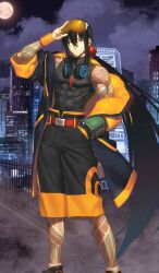 1boy ;) arm_tattoo belt belt_buckle black_coat black_shoes black_shorts black_tank_top buckle city closed_mouth cloud coat commentary_request covered_pectorals drawstring fate/grand_order fate_(series) feet_out_of_frame full_moon goggles goggles_on_head hair_between_eyes hand_in_pocket hand_on_own_hip headphones headphones_around_neck leg_tattoo legs_apart long_hair low_ponytail male_focus moon night off_shoulder official_alternate_costume official_art one_eye_closed orange_coat orange_goggles outdoors pectorals ponytail red_belt salute science_fiction shima_udon shoes shorts shoulder_tattoo sidelocks single_bare_shoulder single_off_shoulder sky sleeve_rolled_up smile socks solo standing tank_top tattoo tattoo_sleeve third-party_source toned toned_male turtleneck two-finger_salute two-sided_coat two-sided_fabric unzipped very_long_hair white_socks wrist_computer wristband yan_qing_(fate) zipper