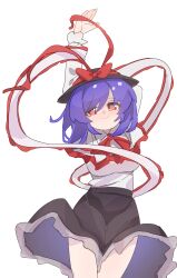 1girl absurdres arm_behind_head black_hat black_skirt bow breasts closed_mouth frilled_shawl frilled_skirt frills gumingdi_ban hair_between_eyes hand_up hat hat_bow hat_ribbon highres large_breasts long_sleeves looking_at_viewer nagae_iku purple_hair red_bow red_eyes red_ribbon ribbon shawl shirt short_hair simple_background skirt smile solo touhou white_background white_shirt