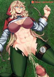 1boy 1girl abs after_rape after_vaginal aftersex amano44 artist_name blonde_hair blue_eyes bound bra breasts capelet censored clock cum cum_in_pussy cum_on_body cum_on_breasts cum_on_lower_body cum_on_upper_body cum_string grass green_pants grimm_(red_hood) highres hood hooded_capelet large_breasts long_hair mature_female midriff nature navel no_panties outdoors pants penis pussy red_capelet red_hood red_hood_(kawaguchi) rope shirt thick_thighs thigh_strap thighs tied_up tight_clothes tight_pants toned torn_clothes torn_pants torn_shirt underwear white_shirt wide_hips