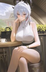 1girl alternate_costume artist_name bare_shoulders black_bag black_eyes black_horns black_skirt blush bra_strap bra_visible_through_clothes breasts commentary crossed_legs cup curled_horns english_commentary feet_out_of_frame fingernails hair_between_eyes highres horns jewelry large_breasts long_hair looking_at_viewer multicolored_eyes multicolored_hair necklace parted_lips red_eyes rucarachi shirt shirt_tucked_in skirt sleeveless sleeveless_shirt smile solo streaked_hair teacup turtleneck turtleneck_shirt two-tone_eyes watch wristwatch wuthering_waves zani_(wuthering_waves)