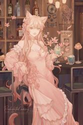 Rule 34 | 1girl, alcohol, animal ears, bar (place), bottle, breasts, cat ears, cat tail, choker, commentary request, cup, detached sleeves, dress, drinking glass, earrings, flower, frilled dress, frills, hair flower, hair ornament, heterochromia, highres, holding, holding cup, indoors, jewelry, long dress, long hair, longmianbushilongxumian, looking at viewer, medium breasts, original, pink dress, pink eyes, pink flower, pink hair, rose, sitting, solo, stool, tail, very long hair