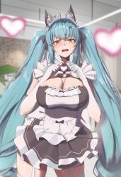 1girl animal_ear_fluff animal_ears apron black_dress blue_hair blurry blurry_background breasts cat_ears cleavage dress elbow_gloves frilled_dress frills garter_straps gloves goddess_of_victory:_nikke hair_ornament hairclip hands_up heart heart_hands highres indoors large_breasts long_hair maid maid_apron maid_headdress mirl open_mouth privaty_(nikke) privaty_(unkind_maid)_(nikke) solo thighhighs twintails very_long_hair white_gloves white_thighhighs yellow_eyes zettai_ryouiki