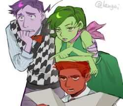 1girl 2boys anger_(inside_out) artist_name bandana bare_shoulders blue_shirt bow bowtie breasts chinese_commentary collared_shirt colored_skin commentary_request cowboy_shot disgust_(inside_out) dress earrings eyelashes fear_(inside_out) fingernails green_dress green_eyes green_hair green_skin grey_vest half-closed_eyes hand_on_own_chin hand_up highres holding holding_map inside_out jewelry kugai697139 long_sleeves looking_to_the_side map medium_breasts multiple_boys nail_polish open_mouth pants pink_bandana pink_lips pink_nails puffy_long_sleeves puffy_sleeves purple_eyes purple_hair purple_pants red_bow red_bowtie red_eyes red_hair red_skin shirt short_hair simple_background sleeveless sleeveless_dress standing striped_clothes striped_shirt sweater_vest teeth vertical-striped_clothes vertical-striped_shirt vest white_background white_shirt white_sweater_vest