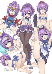 1girl :d absurdres all_fours anklet armpits ass azur_lane bare_shoulders barefoot bikini black_pantyhose blue_bikini blue_eyes blush bow bracelet breasts camisole closed_eyes cross_hair_ornament crown crying feet flower frilled_bikini frills gloves hair_flower hair_ornament hair_ribbon highres javelin_(azur_lane) jewelry kneepits leg_up looking_at_viewer medium_breasts midriff mini_crown multiple_views navel no_shoes official_alternate_costume onejio open_mouth panties pantyhose pleated_skirt ponytail purple_bow purple_hair purple_ribbon purple_skirt ribbon simple_background sitting skirt smile socks soles split standing standing_on_one_leg standing_split swimsuit tears tiara toes torn_clothes underwear wariza white_background white_camisole white_gloves white_panties wide_ponytail