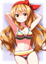 Rule 34 | 1girl, armpits, arms behind head, arms up, bikini, blonde hair, blush, breasts, cleavage, closed mouth, commentary request, cowboy shot, ellen (touhou), green bikini, groin, hair between eyes, hairband, highres, long hair, looking at viewer, medium breasts, multicolored bikini, navel, red bikini, red hairband, ruu (tksymkw), smile, solo, standing, swimsuit, touhou, touhou (pc-98), white bikini, yellow bikini