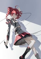 1girl absurdres ahoge black_skirt bow closed_mouth drill_hair grey_jacket grey_skirt highres holding holding_microphone hxbdzj jacket kasane_teto kasane_teto_(sv) looking_at_viewer medium_hair microphone midriff red_bow red_hair skirt smile solo synthesizer_v utau