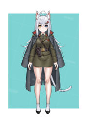 1girl absurdres ahoge animal_ear_fluff animal_ears artist_name bare_legs belt belt_buckle black_belt black_necktie black_shoes blue_background blue_eyes blush border breasts brown_jacket brown_skirt buckle buttons cat_ears cat_girl cat_tail chinese_commentary closed_mouth coat coat_on_shoulders collar_tabs collared_shirt commentary_request grey_coat hair_ornament hammer_and_sickle heterochromia highres holster huihuang_rongyao jacket lapels long_hair long_sleeves looking_at_viewer medium_breasts military military_jacket military_uniform necktie open_clothes open_coat original red_star ribbon_bar shirt shoes sidelocks simple_background skirt socks solo soviet soviet_army standing star_(symbol) star_hair_ornament straight-on tail trench_coat watermark watermark_grid white_border white_hair white_shirt white_socks yellow_eyes