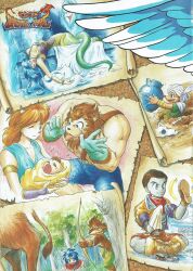 2girls 4boys animal_head armlet artist_request ascot baby blue_gloves blue_hair bodice bone bow_(weapon) breasts breath_of_fire breath_of_fire_i brown_fur brown_hair brown_pants builder_(breath_of_fire) bulletin_board carrying carrying_baby carrying_person cleavage copyright_name crying danc dark_skin deis feathered_wings fingerless_gloves forest fork fur-trimmed_footwear fur_trim furry furry_female furry_male ghost gilliam_(breath_of_fire_i) glint gloves green_pants hat_feather highres holding holding_bow_(weapon) holding_fork holding_jar holding_knife holding_napkin holding_weapon horns jacket jar jewelry knife lamia leaning_forward long_hair mane medium_hair mogu_(breath_of_fire) monster_girl mouse_boy multiple_boys multiple_girls nature official_art outdoors palace pants parchment photo_(object) pillow polishing_shoes purple_gloves red_ascot red_scarf ryu_(breath_of_fire_i) scarf short_hair snake_tail snoring sweatdrop tail third-party_source tongue tongue_out turban weapon white_blanket white_wings wings wolf_head yellow_blanket