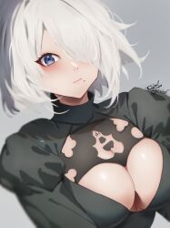 1girl 2b_(nier:automata) absurdres black_dress blue_eyes breasts cleavage clothing_cutout dress highres juliet_sleeves klopsiak long_sleeves looking_at_viewer medium_breasts mole mole_under_mouth nier:automata nier_(series) no_blindfold puffy_sleeves short_hair solo upper_body white_hair