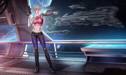 Rule 34 | 1girl, advanced ship (eve online), arm tattoo, armpits, asymmetrical bangs, asymmetrical hair, audia pahlevi, bare arms, bare shoulders, battleship (eve online), belt, black belt, black pants, black shoes, blonde hair, breasts, capital ship (eve online), carrier, combat ship (eve online), commentary, commission, creodron (eve online), crop top, cyborg, damillia seraph, double barrels, duvolle laboratories (eve online), electronic warfare ship (eve online), erebus (eve online), eve online, facial tattoo, federation navy (eve online), fleet, flying, full body, grey eyes, gun, hand up, handgun, hexagon, high heels, highres, holding, holding gun, holding weapon, hologram, honeycomb (pattern), in orbit, large breasts, linea alba, marauder (eve online), mechanical arms, megathron (eve online), midriff, military vehicle, navel, nebula, nose, nyx (eve online), open mouth, original, outstretched arm, pants, planet, pointing, pointing to the side, prosthesis, prosthetic arm, roden shipyards (eve online), scenery, science fiction, shoes, short hair, single mechanical arm, solo, space, spacecraft, spacecraft interior, standing, star (sky), starry sky background, stomach, super capital ship (eve online), supercarrier (eve online), support ship (eve online), table, tank top, tattoo, tech 2 ship (eve online), teeth, titan (eve online), weapon, window