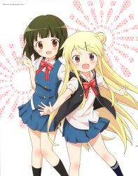 Rule 34 | 2girls, :d, absurdres, artist name, black socks, black vest, blonde hair, blue skirt, blue vest, blush, bow, bowtie, brown eyes, buttons, collared shirt, double-breasted, feet out of frame, green hair, hair bun, hair ornament, hairclip, highres, hood, hood down, hooded vest, hoodie, kin-iro mosaic, kujou karen, long hair, looking at viewer, miniskirt, moegi high school uniform, multiple girls, non-web source, official art, oomiya shinobu, open mouth, outstretched arms, pink bow, pink bowtie, pleated skirt, purple eyes, scan, school uniform, shirt, short hair, short sleeves, single hair bun, skirt, smile, socks, standing, striped bow, striped bowtie, striped clothes, summer uniform, ueta kazuyuki, vest, white shirt, x hair ornament