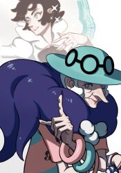 1girl aged_down bangle bite_addict black_nails bracelet bright_pupils closed_mouth dress dynamax_band eyeshadow gloves green_eyes green_headwear hand_up hat highres hunched_over jewelry long_nose makeup multiple_views nail_polish nintendo old old_woman opal_(pokemon) pokemon pokemon_swsh purple_eyeshadow purple_scarf scarf single_glove white_hair white_pupils