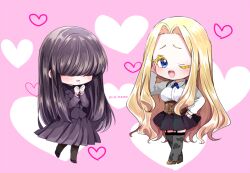 Rule 34 | 2girls, :d, black garter straps, black hair, black jacket, black pantyhose, black skirt, black sweater, blazer, blonde hair, blue cross tie, blue eyes, blush, breasts, brown corset, brown shoes, character name, chibi, chibi only, collared shirt, colored eyelashes, corset, covered eyes, curtained hair, floral print thighhighs, forehead, full body, garter straps, hair over eyes, hand on own cheek, hand on own face, hand on own hip, hands up, heart, heart background, jacket, kakure meme, kimi no koto ga dai dai dai dai daisuki na 100-nin no kanojo, large breasts, leg up, long hair, long skirt, long sleeves, looking at viewer, miniskirt, mole, mole under mouth, multiple girls, ohananomitsu high school uniform, one eye closed, open mouth, pantyhose, pink background, pleated skirt, raised eyebrows, school uniform, shirt, shoes, sidelocks, skirt, smile, standing, standing on one leg, sweater, turtleneck, turtleneck sweater, utsukushisugi mimimi, very long hair, wavy hair, white shirt, yumenobetsu