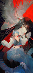 2boys absurdres animal_ears animal_feet artist_name beard_stubble black_hair black_hat blue_fur blue_hair centauroid chinese_commentary colored_sclera commentary_request derpy_(kpop_demon_hunters) extra_eyes facial_hair facial_mark fangs feathers gat_(hat) hanbok hand_on_another&#039;s_shoulder harpy_boy hat highres jewelry korean_clothes kpop_demon_hunters long_hair long_sleeves male_focus mature_male monster_boy multiple_boys necklace open_mouth pants pawpads pectoral_cleavage pectorals personification short_hair sleeves_past_fingers sleeves_past_wrists smile stubble sussie_(kpop_demon_hunters) tail taur tiger_boy tiger_ears tiger_tail very_long_hair watermark weibo_watermark wenrui_zhang white_feathers white_pants wide_sleeves yellow_eyes yellow_sclera