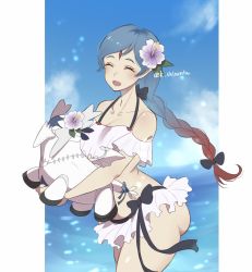 1girl alternate_costume ass bikini blue_hair closed_eyes corrin_(female)_(fire_emblem) corrin_(female)_(fire_emblem)_(cosplay) corrin_(fire_emblem) cosplay fire_emblem fire_emblem_fates flower hair_flower hair_ornament highres karashino lilith_(fire_emblem) multicolored_hair nintendo open_mouth red_hair swimsuit two-tone_hair white_bikini