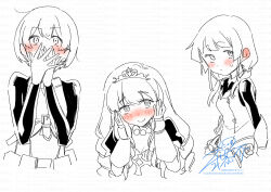 3girls absurdres blush character_request covering_own_mouth dress etrian_odyssey gloves hair_over_shoulder hands_on_own_face hands_up highres long_hair low_twintails multiple_girls nikki_kyousuke nose_blush puffy_short_sleeves puffy_sleeves ringlets shirt short_hair short_sleeves signature simple_background sleeveless sleeveless_dress sovereign_(sekaiju) sovereign_4_(sekaiju) tiara twintails watermark white_background