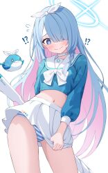 !? 1girl @_@ absurdres arona_(blue_archive) arona_(blue_archive)_(cosplay) blue_archive blue_eyes blue_hair blue_halo blue_panties blush breasts choker closed_mouth colored_inner_hair cosplay cowboy_shot cropped_shirt general_student_council_president_(blue_archive) hair_over_one_eye halo highres long_hair long_sleeves miniskirt multicolored_hair navel panties pink_hair pleated_skirt puffy_long_sleeves puffy_sleeves sailor_collar shijima_(shijima_tc) simple_background skirt small_breasts solo striped_clothes striped_panties two-tone_hair undersized_clothes underwear very_long_hair wavy_mouth white_background white_choker white_sailor_collar white_skirt