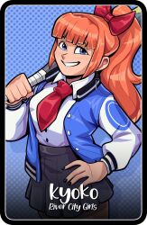 1girl baseball_bat blue_eyes bow breasts earrings jacket jewelry kunio-kun_series kyoko_(kunio-kun) long_hair long_sleeves nightleyarts orange_hair ponytail red_bow river_city_girls school_uniform skirt teeth
