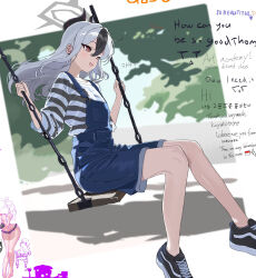 Rule 34 | 1girl, :d, alternate costume, alternate hairstyle, backlighting, black hair, black horns, black shoes, blue archive, blue overalls, blush, bright pupils, casual, commentary request, cross-laced shoes, day, demon girl, demon horns, double-parted bangs, ear piercing, earrings, english text, floating hair, full body, grey hair, grey halo, hair between eyes, hair down, halo, hands up, happy, highres, horns, jewelry, kayoko (blue archive), knees together feet apart, long hair, long sleeves, looking ahead, multicolored hair, on swing, open mouth, outdoors, overalls, piercing, red eyes, shirt, shoes, signallerc, simple background, smile, sneakers, solo, striped clothes, striped shirt, stud earrings, swing, tsurime, two-tone hair, w arms, white pupils
