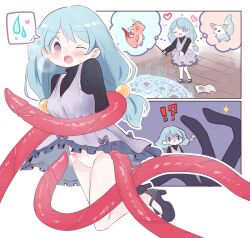 !? 0_0 1girl :&gt; :d :o ^_^ bare_legs black_shoes black_sweater blue_hair blush book bound bow breasts brick_floor closed_eyes clothes_lift commentary_request commission dragon dress dress_lift frilled_dress frills full_body grey_dress hair_ornament heart holding holding_wand long_hair long_sleeves magic_circle mary_janes medium_breasts multiple_views open_book open_mouth original panties pinafore_dress pixiv_commission purple_bow purple_eyes ribbed_sweater sarada_(meaf3748) shoes sleeveless sleeveless_dress smile solo_focus sparkle speech_bubble spoken_heart spoken_sweatdrop surprised sweat sweatdrop sweater tentacles thought_bubble turtleneck turtleneck_sweater underwear upskirt wand white_background white_panties wide-eyed