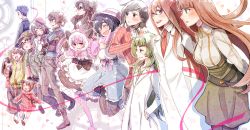 3boys 6+girls akiha_rumiho amane_suzuha amane_suzuha_(beta) amane_yuki androgynous animal_hood apron arms_behind_head belt black_eyes black_hair blouse blue_eyes blush bow bowtie braid brown_hair cat_hood closed_eyes collared_shirt everyone faris_nyannyan frilled_skirt frills gears glasses green_hair hair_ornament hands_in_pockets hashida_itaru hat highres hood hoodie index_finger_raised jacket jumping kiryuu_moeka koike_(coikekke) kurushima_kaede lab_coat long_hair looking_at_another maid_apron makise_kurisu mother_and_daughter multiple_boys multiple_girls nakase_katsumi neck_ribbon necktie okabe_rintarou open_mouth pants pink_eyes pink_hair ribbon scarf shiina_kagari shiina_mayuri shirt shoes short_twintails skirt skull_hair_ornament smile socks steins;gate steins;gate_0 tennouji_nae time_paradox triangle_mouth twintails urushibara_ruka