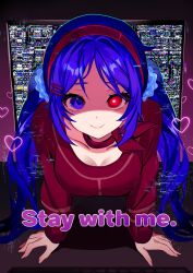 1girl alternate_hair_color blue_eyes blue_hair breasts choker cleavage colored_eyelashes crazy_mita_(miside) english_text glitch glowing glowing_eye hashtag-only_commentary headband heart highres looking_at_viewer miside mita_(miside) red_headband red_shirt shirt smile through_medium through_screen woppuru
