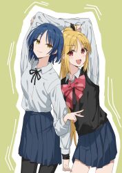 2girls ahoge blonde_hair blue_hair blush bocchi_the_rock! bow bowtie hair_ornament highres holding_another&#039;s_arm ijichi_nijika kanaria_hisagi long_hair long_sleeves looking_at_viewer mole mole_under_eye multiple_girls open_mouth pantyhose polka_dot_bowtie red_bow red_bowtie red_eyes school_uniform shimokitazawa_high_school_uniform shirt short_hair side_ponytail simple_background skirt smile v white_shirt yamada_ryo yellow_eyes