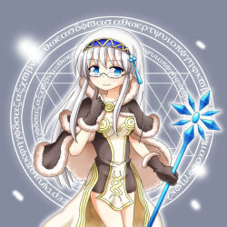 1girl black-framed_eyewear blue_eyes blue_hairband blush breasts brown_cape brown_dress brown_gloves cape closed_mouth commentary_request cowboy_shot dress fur-trimmed_cape fur-trimmed_gloves fur_trim glasses gloves grey_background hairband hexagram high_wizard_(ragnarok_online) holding holding_staff layered_dress long_hair looking_at_viewer medium_breasts meruya_(catcan) ragnarok_online smile solo staff two-tone_dress white_dress white_hair