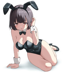 1girl absurdres animal_ear_hairband animal_ears black_bow black_bowtie black_hair black_leotard black_shoes bow bowtie breasts cleavage commentary detached_collar fake_animal_ears hairband highres leotard looking_down medium_breasts original playboy_bunny rabbit_ears red_eyes shoes short_hair sitting solo strapless strapless_leotard tuskryo wrist_cuffs yokozuwari