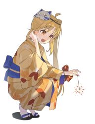 1girl :d ahoge black_sandals blonde_hair blue_sash bocchi_the_rock! full_body highres holding holding_fireworks ijichi_nijika japanese_clothes kimono long_hair long_sleeves mask mask_on_head obi okobo open_mouth platform_sandals sandals sash schu_1112 side_ponytail simple_background smile socks solo squatting tabi white_background white_socks wide_sleeves yellow_eyes yellow_kimono