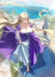 1girl absurdres armpit_crease artist_request asuna_(blue_archive) barefoot blonde_hair blue_archive blue_eyes blue_halo blue_ribbon blurry bodice braid breasts cleavage cloud cloudy_sky collarbone depth_of_field dress flower grin hair_flower hair_ornament hair_over_one_eye hair_ribbon halo highres korean_commentary large_breasts lens_flare lifting_own_clothes long_hair looking_at_viewer mixed-language_commentary mole mole_on_breast ocean on_roof outdoors purple_dress ribbon rooftop see-through_clothes see-through_sleeves side_braid skirt_hold sky smile spire standing tile_roof very_long_hair