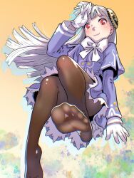 1girl black_pantyhose blue_dress bow bowtie capcom_fighting_jam dress female_focus gloves hair_ornament highres ingrid_(capcom) invisible_chair long_hair long_sleeves pantyhose red_eyes sitting soles solo soon_(c-u-soon) toes white_bow white_gloves white_hair