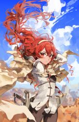 Rule 34 | 1girl, ahoge, arms up, blue sky, blush, canyon, cape, cliff, closed mouth, cloud, crossed bangs, eris greyrat, gloves, hair lift, hairband, highres, long hair, looking to the side, meltyrice, mushoku tensei, outdoors, red eyes, red hair, scenery, sky, solo, sword, very long hair, weapon