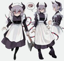 1girl absurdres akiko_(vakiko6) apron axe blush hair_bun highres holding holding_axe holding_weapon horns long_hair long_sleeves looking_at_viewer maid maid_apron maid_headdress multicolored_tail original pin pointy_ears poses shirt simple_background skirt slit_pupils solo tail weapon