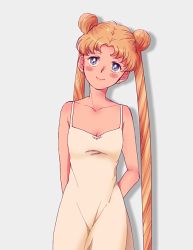 1girl arms_behind_back bishoujo_senshi_sailor_moon blonde_hair blue_eyes blush breasts cleavage double_bun dress earrings female_focus hair_bun jewelry long_hair ochappa smile solo spaghetti_strap stud_earrings tsukino_usagi twintails very_long_hair white_dress