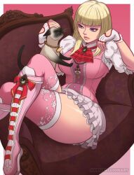 1girl ascot blonde_hair blunt_bangs boots breasts brooch cat clothing_cutout couch fingerless_gloves frilled_skirt frills glove_cutout gloves hand_on_animal heart_cutout highres hime_cut jewelry knee_boots kristallion lili_(tekken) long_hair on_couch pink_boots pink_thighhighs print_thighhighs puffy_short_sleeves puffy_sleeves purple_eyes red_ascot short_sleeves siamese_cat skirt solo tekken tekken_8 thick_thighs thighhighs thighs twitter_username white_gloves