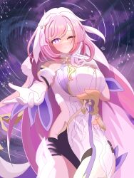 1girl absurdres bare_shoulders black_shorts breasts commentary cowboy_shot diamond-shaped_pupils diamond_(shape) elysia_(herrscher_of_human:_ego)_(honkai_impact) elysia_(honkai_impact) english_commentary gloves hair_ornament hand_up highres honkai_(series) honkai_impact_3rd large_breasts leotard long_hair looking_at_viewer offering_hand one_eye_closed parted_lips pink_hair purple_eyes riflech short_shorts shorts solo symbol-shaped_pupils triquetra veil very_long_hair white_gloves white_leotard white_veil