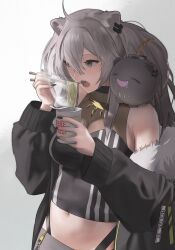 1girl absurdres ahoge animal_ears black_nails chopsticks crop_top cup_ramen drooling eating fur-trimmed_jacket fur_trim grey_eyes grey_hair hashtag-only_commentary highres holding holding_chopsticks hololive jacket lion_ears long_hair midriff navel nissin_cup_noodle on_shoulder raphael_(rglvvv) shishiro_botan shishiro_botan_(1st_costume) ssrb_(shishiro_botan) steam virtual_youtuber
