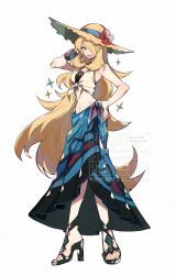 1girl :d blonde_hair blue_sarong brown_hat crop_top cynthia_(pokemon) cynthia_(summer_2025)_(pokemon) flower grey_eyes hair_over_one_eye hand_on_own_hip hat hat_flower high_heels highres kawasaki_(kwsk_8765) long_hair looking_at_viewer nintendo official_alternate_costume open_mouth pokemon pokemon_masters_ex sarong smile solo standing sun_hat very_long_hair white_background