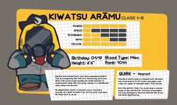 black_hair boku_no_hero_academia brown_shoes chibi collared_shirt commentary english_commentary english_text green_pants grey_jacket hazmat_suit jacket necktie original pants red_necktie redringo188 school_uniform shirt shoes solo stats u.a._school_uniform white_shirt
