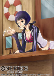 1girl black_hair blunt_bangs bob_cut cigarette commentary_request copyright_name crop_top eyelashes holding holding_cigarette indoors jewelry long_cigarette looking_ahead necklace official_art one_eye_closed one_piece one_piece_card_game parted_lips pearl_necklace shakuyaku_(one_piece) shinra0609 smile solo