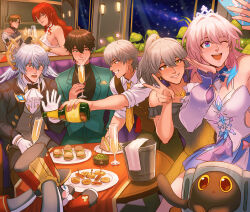 Rule 34 | 2others, 3girls, 4boys, alternate costume, aqua jacket, aqua suit, black bow, black bowtie, black hair, black jacket, blue eyes, bow, bowtie, breasts, brown hair, brown vest, burger, caelus (honkai: star rail), cellphone, chalseu, closed mouth, critter pick (honkai: star rail), cup, dan heng (honkai: star rail), dress, earrings, food, glass, glasses, gloves, grey dress, grey hair, grey vest, halo, hat, head wings, highres, himeko (honkai: star rail), holding, holding cup, holding phone, honkai: star rail, honkai (series), jacket, jewelry, long hair, long sleeves, march 7th (honkai: star rail), medium breasts, multicolored dress, multicolored eyes, multicolored sleeves, multiple boys, multiple girls, multiple others, necklace, necktie, one eye closed, open mouth, phone, pink hair, pom-pom (honkai: star rail), ponytail, red hair, sandwich, selfie, shirt, short hair, sleeveless, sleeveless dress, smartphone, stelle (honkai: star rail), sunday (honkai: star rail), sunday (star rail live 2025) (honkai: star rail), teeth, trailblazer (honkai: star rail), two-tone eyes, vest, welt yang, white dress, white gloves, white shirt, white sleeves, wings, yellow dress, yellow eyes, yellow necktie