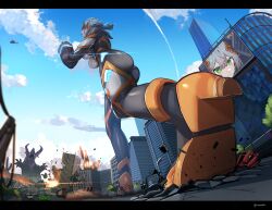 Rule 34 | 1girl, absurdres, aircraft, airplane, armor, ass, blue sky, bodysuit, breasts, building, car, city, cloud, colossus (natsukaze shigure), contrail, day, debris, destruction, explosion, fire, foreshortening, from below, giant, giantess, green eyes, grey hair, headgear, helicopter, highres, impossible bodysuit, impossible clothes, kaiju, large breasts, letterboxed, magical girl, monster, motor vehicle, natsukaze shigure, original, outdoors, reflection, rubble, short hair, skin tight, sky, skyscraper, standing, variant set