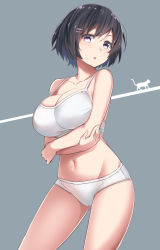 1girl bakemonogatari black_hair blush bra breast_hold breasts cat cleavage female_focus hair_ornament hanekawa_tsubasa highres large_breasts monogatari_(series) navel ninnzinn open_mouth panties purple_eyes short_hair simple_background solo sports_bra underwear underwear_only white_bra white_panties