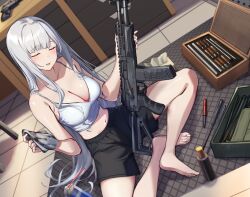 1girl 3_small_spiders ak-12 ak-12_(girls&#039;_frontline) alternate_costume assault_rifle barefoot black_shorts breasts camisole cleaning_brush cleavage closed_eyes closed_mouth collarbone commentary_request crossed_legs dutch_angle facing_viewer fingernails from_above full_body girls&#039;_frontline gun handgun holding holding_gun holding_rag holding_weapon indoors kalashnikov_rifle large_breasts long_hair midriff navel open_mouth rifle shorts sitting smile solo tank_top toenails toolbox weapon white_camisole white_hair