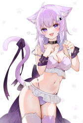 1girl :d absurdres animal_ears bare_shoulders bikini blush breasts cat_ears cat_tail cleavage collar fang hair_ornament highres hololive long_hair looking_at_viewer navel nekomata_okayu open_mouth purple_bikini purple_eyes purple_hair purple_thighhighs smile solo strap_slip swimsuit tail thighhighs virtual_youtuber yukineko1018